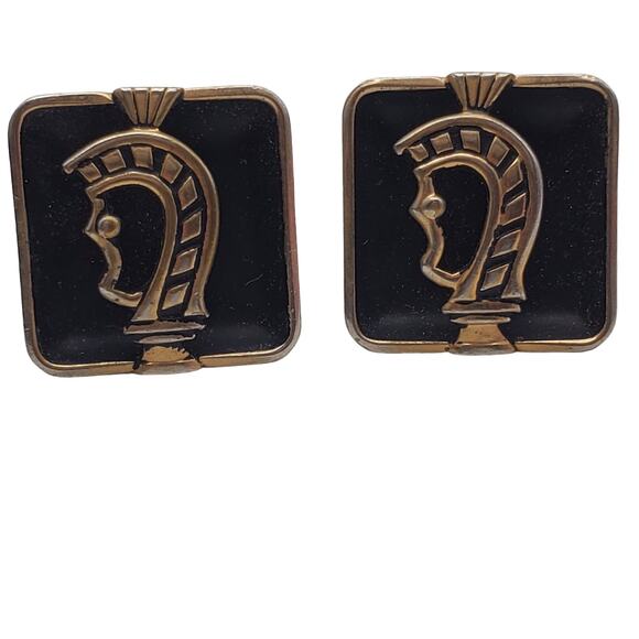 Swank Knight Black Enamel Cufflinks Square Gold Tone Soldier Warrior Vintage - Picture 2 of 5